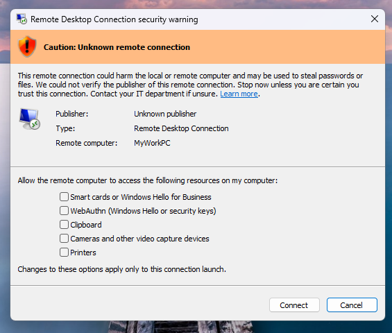 Windows warning that an RDP file is from an unverified publisher